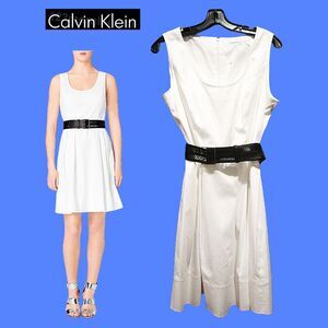 Calvin Klein NEW Belted Pleated Poplin Fit & Flare White Dress 12
